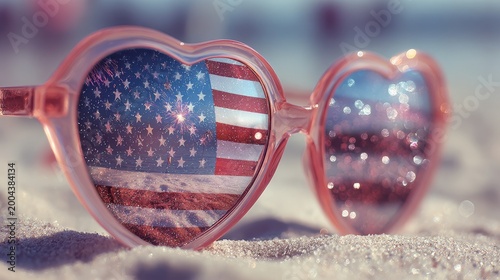  American flag and fireworks reflection in heart shaped sunglasses on sandy beach