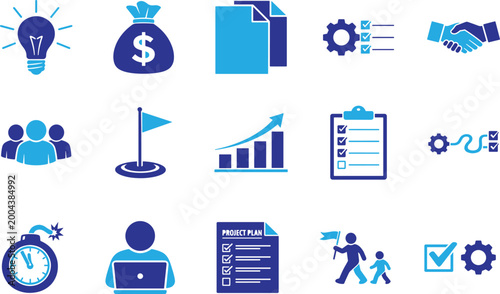 Project management icon set with planning workflow teamwork strategy business productivity tools 