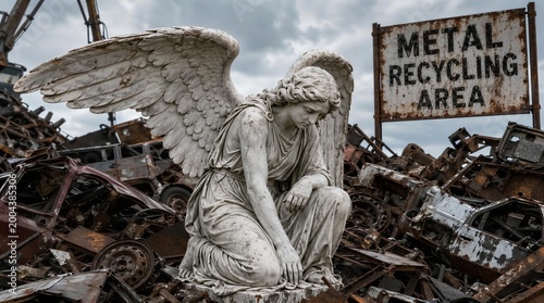 Somber Angel Statue in Metal Recycling Junkyard, industrial decay, with space for text