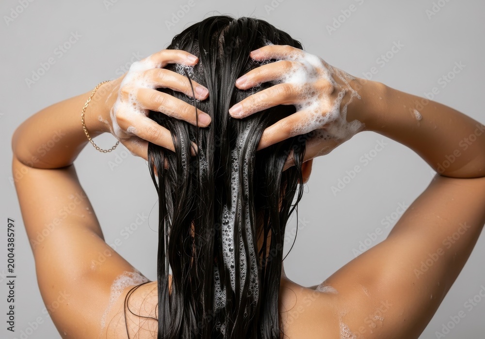 Naklejka premium Woman washes her wet hair with shampoo while hands are covered in white soap bubbles.