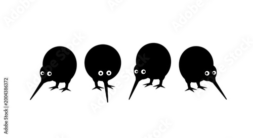 Obraz na płótnie Set of four black kiwi bird silhouettes minimalist cartoon new zealand flightles