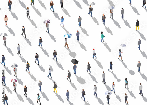 Isometric illustration of a large crowd of people walking with umbrellas on a white background high quality professional