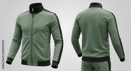 Green athletic tracksuit with black stripes.