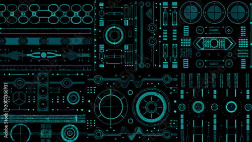 cyan hud interface elements collection a large arrangement of futuristic technological icons and controls on black high quality