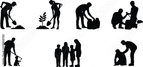 Obraz na płótnie Black silhouette vector illustration of people engaging in teamwork, planting tr