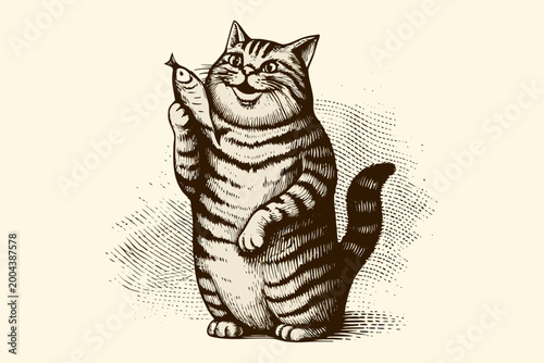 Foto Tabby cat with fish vintage engraving style illustration