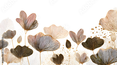 Vector gold floral pattern, elegant line art flowers and leaves, luxury background. Modern design border, frame, wedding cards, branding and decorative template Stock Vector