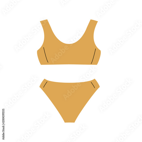 Stylish yellow two-piece swimsuit with comfortable top and flattering classic-cut bottoms. Bright and trendy summer beachwear perfect for vacation, resort, or pool party graphics.