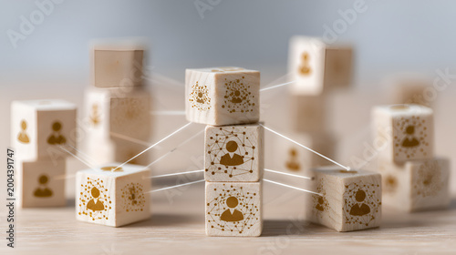 Organizational network structure with connected people icons on wooden blocks, showing team collaboration, stakeholder mapping, social graph, and business communication on a light background