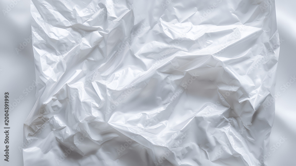 Fototapeta premium Plastic wrap white background texture overlay effect. Polyethylene packaging of vinyl wrap or cd cover. Shrink crumpled plastic bag sleeve, package mockup illustration