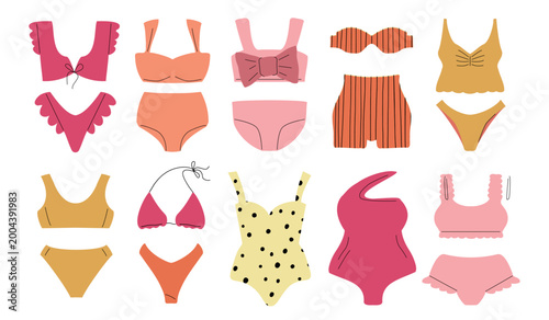 Swimsuits and bikinis in warm colors such as orange, red and yellow, arranged in a set. Flat vector illustration for summer fashion branding, advertising and seasonal design.