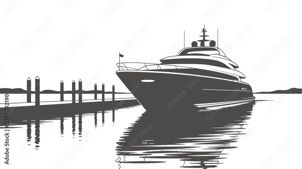Fototapeta premium Luxury yacht docked at marina with reflections in the water reflection waterfront transport illustration