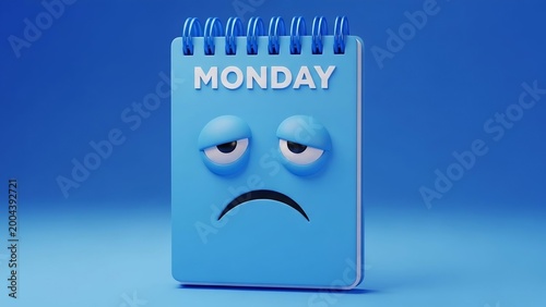 3D Rendered Sad Face Calendar Depicting Monday Work Fatigue Concept