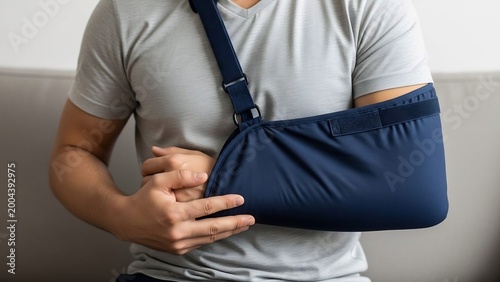Man Wearing Arm Sling for Shoulder or Wrist Injury Recovery, Healthcare Concept Showing Person Using Medical Arm Sling for Healing