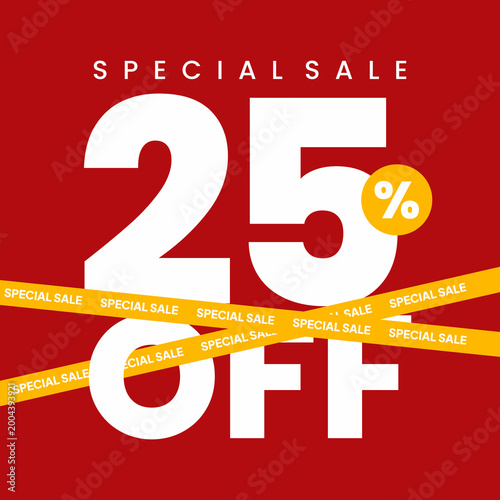 twenty five percent off text promoting retail discount red background yellow tape banner square graphic design