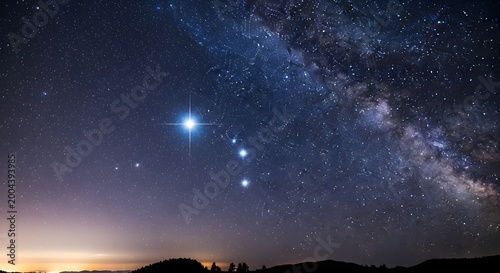 The magnificent Milky Way galaxy and brilliant constellations ablaze in the dark night sky, casting an ethereal glow over a serene landscape