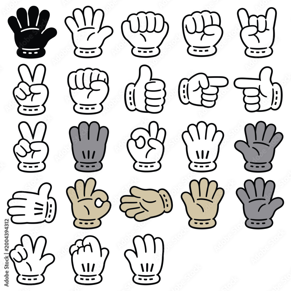 Fototapeta premium Cartoon hand gestures collection featuring various sign language and expressive positions set.