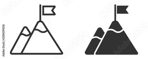Travel and tourism mountain adventure icons set with peak summit flag landscape hiking and outdoor exploration symbols on transparent background