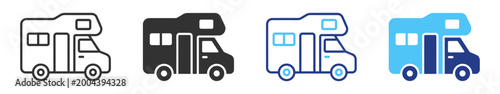 Travel and tourism motorhome camper icon bundle with rv caravan mobile home van road trip and adventure transport symbols in linear style on transparent background