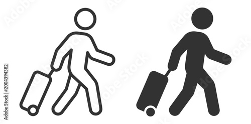 Travel and tourism passenger icon bundle with walking traveler suitcase luggage airport transport and terminal symbols in linear style on transparent background