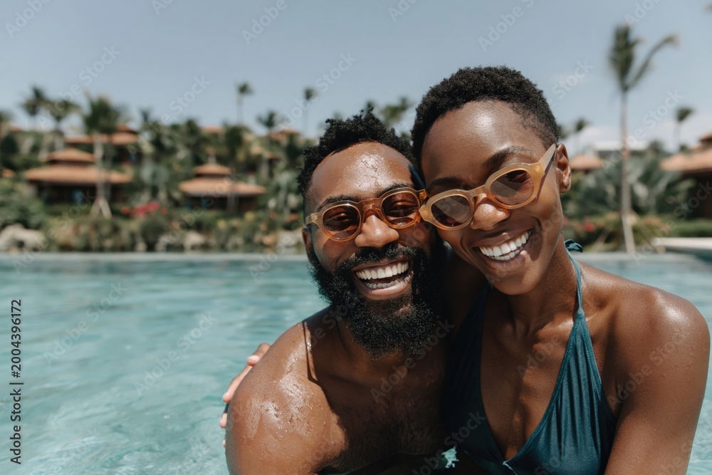 Obraz premium Black couple smiling and embracing in resort swimming pool