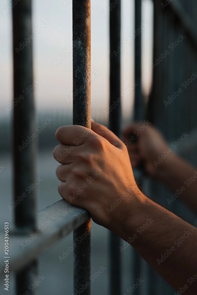 Fototapeta premium Young hands holding vertical metal bars at waterfront fence closeup