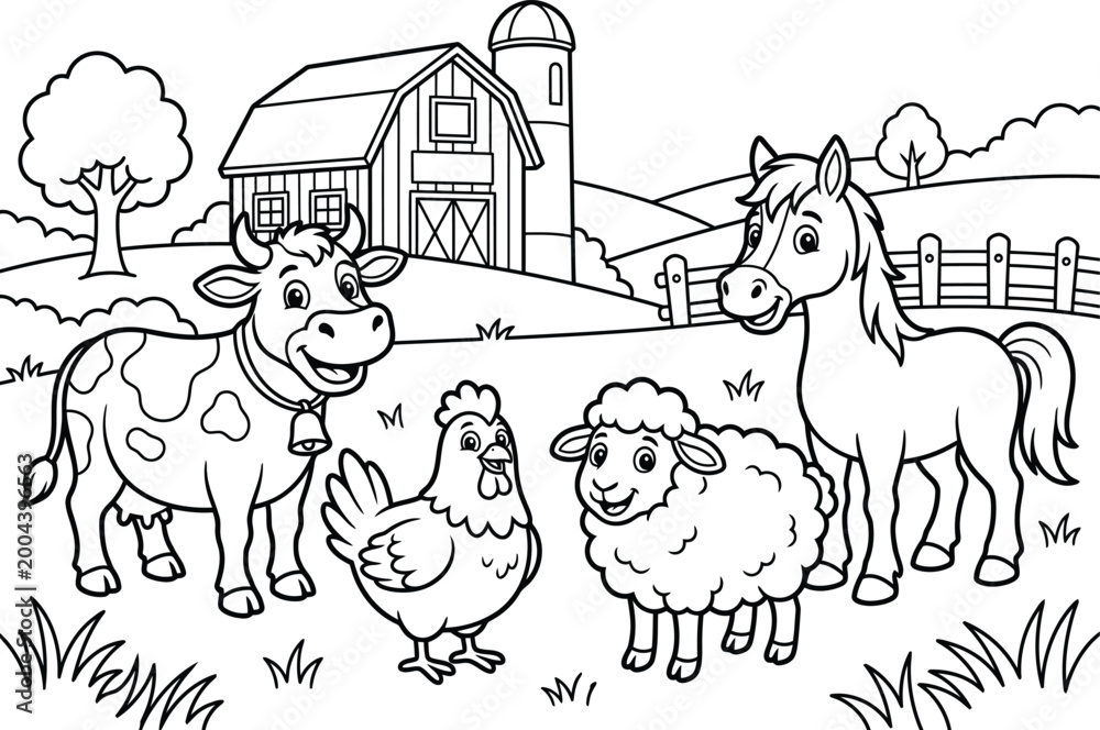 Naklejka premium Cute farm animals coloring page featuring a cow, horse, sheep, and chicken in front of a barn and silo under a tree.