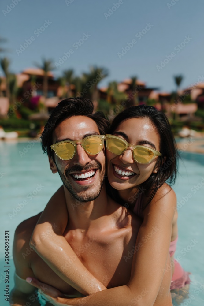 Obraz premium Couple laughing and embracing while standing in pool