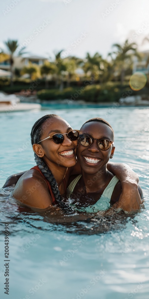 Obraz premium Two friends embracing and smiling together in resort pool