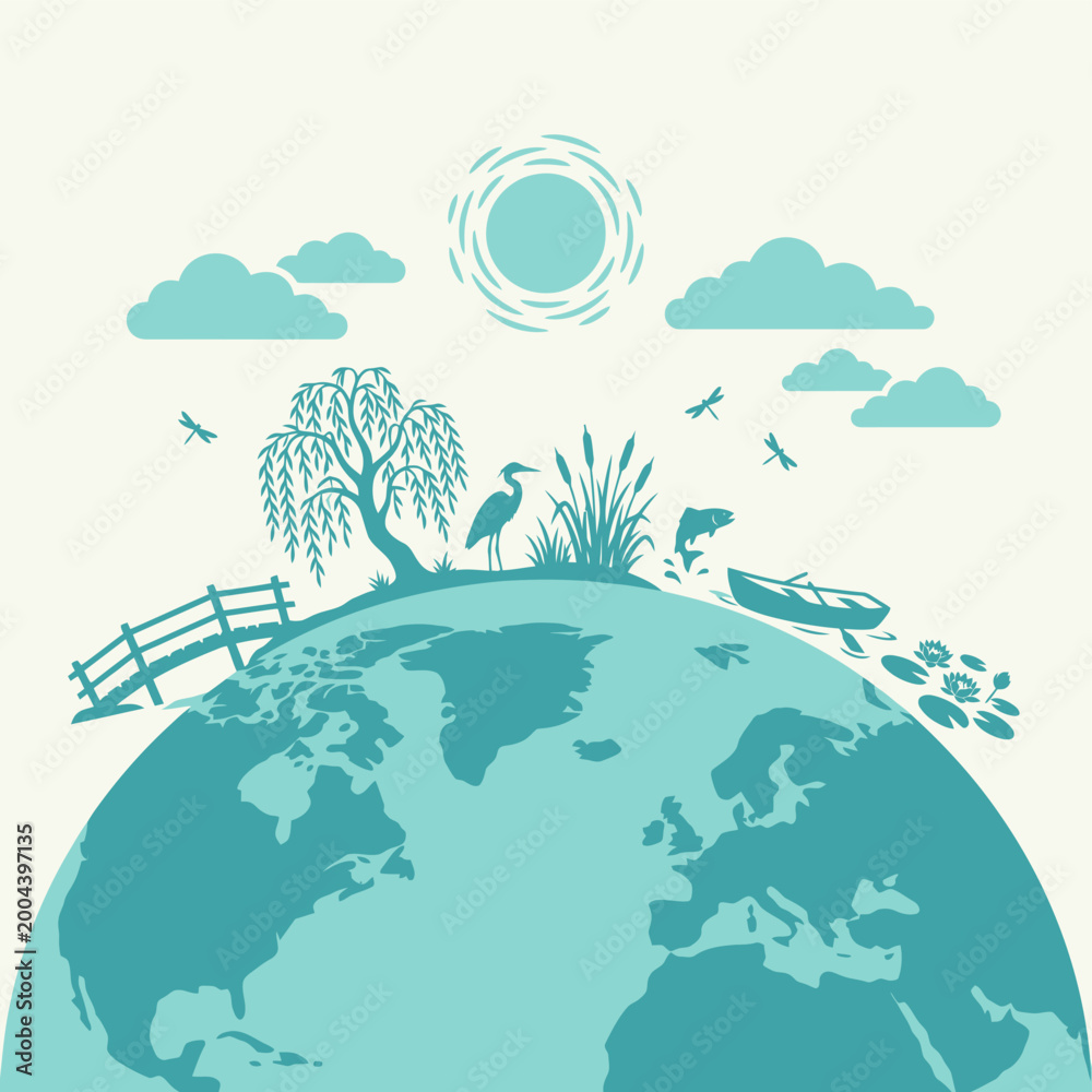 Naklejka premium Abstract Teal and Cream Shapes with Geographic Outline
