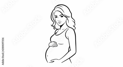 Black and white line drawing of a pregnant woman with wavy hair