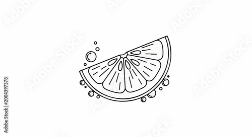 Black and white outline of a citrus slice with bubbles