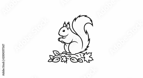 Cartoon outline of a squirrel sitting on autumn leaves