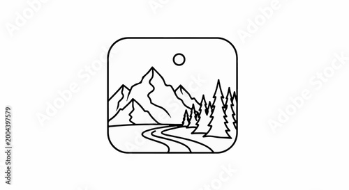Serene mountain landscape with winding road and pine trees under sun