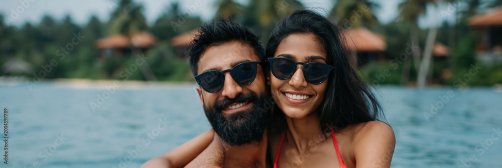 Fototapeta premium Couple posing and smiling in resort water with palms