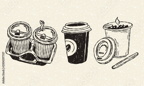 Tableau sur toile Hand drawn paper coffee cups set with takeaway mugs, double carrier tray, open cup with stirrer and lid, ink sketch style