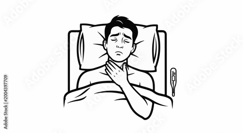 Person in bed with hand on throat, thermometer nearby
