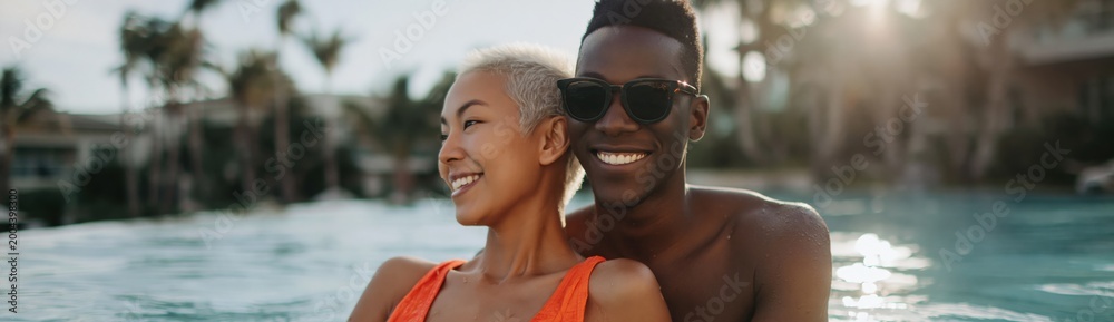 Fototapeta premium Pair smiling and relaxing in resort swimming pool at sunset