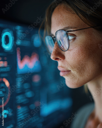 Tech Analyst's Focus: A focused professional peers at a futuristic display, embodying expertise and innovation.