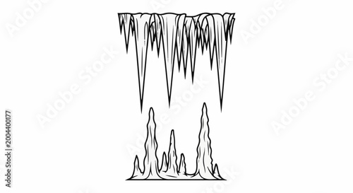 Black and white illustration of icicles and stalagmites in a cave