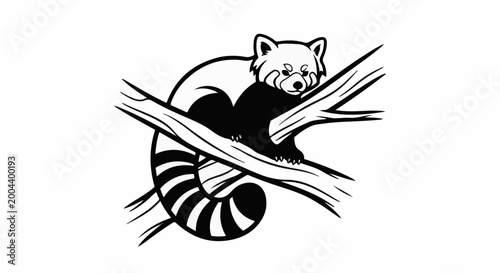 Stylized black and white illustration of a red panda perched on tree branches