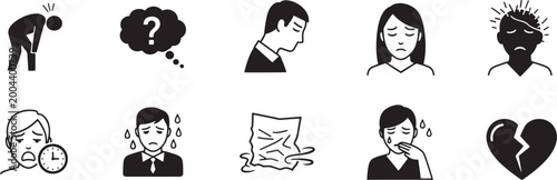 A black and white graphic illustration depicts a person experiencing a range of negative emotions and mental states.