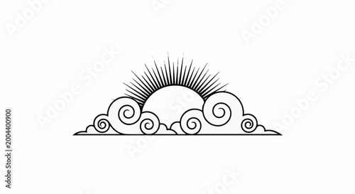 Stylized sunburst behind swirling clouds in a minimalist line drawing
