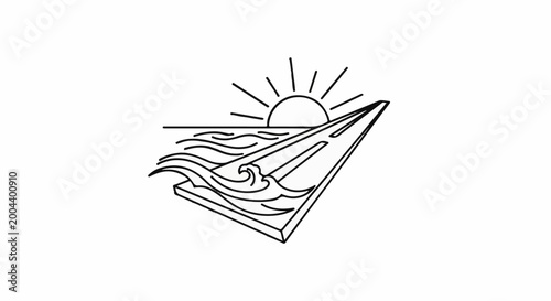 Stylized sunrise over ocean waves and a road stretching forward