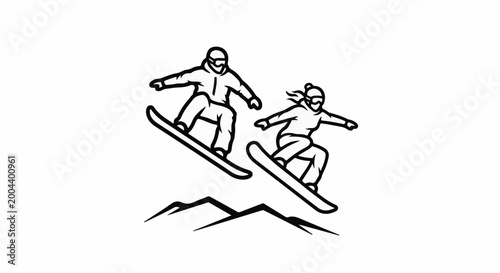 Two snowboarders in motion, one slightly ahead of the other, mid-air jump