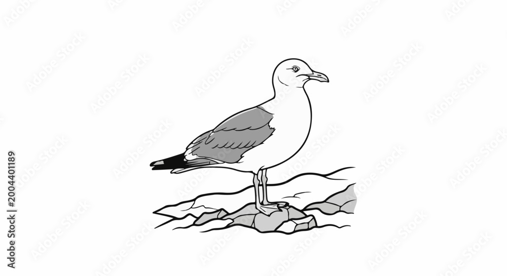 Fototapeta premium Detailed illustration of a seagull standing on rocks near the sea