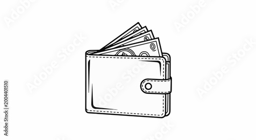 A black and white line drawing of a wallet filled with cash