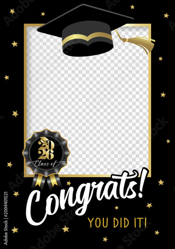Class of 2026, graduation photo booth concept. Creative graduation photo booth design with art frame and graduation hat. Vector illustration