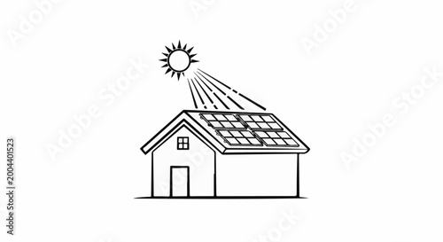 A black and white line drawing depicts a house with solar panels on its roof under the sun