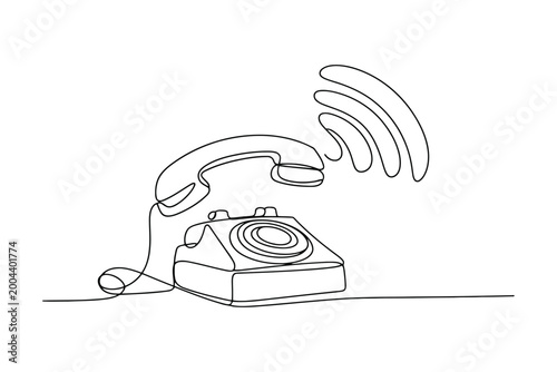 Black and white line of an old-fashioned rotary telephone with receiver lifted off the hook line rotary telephone